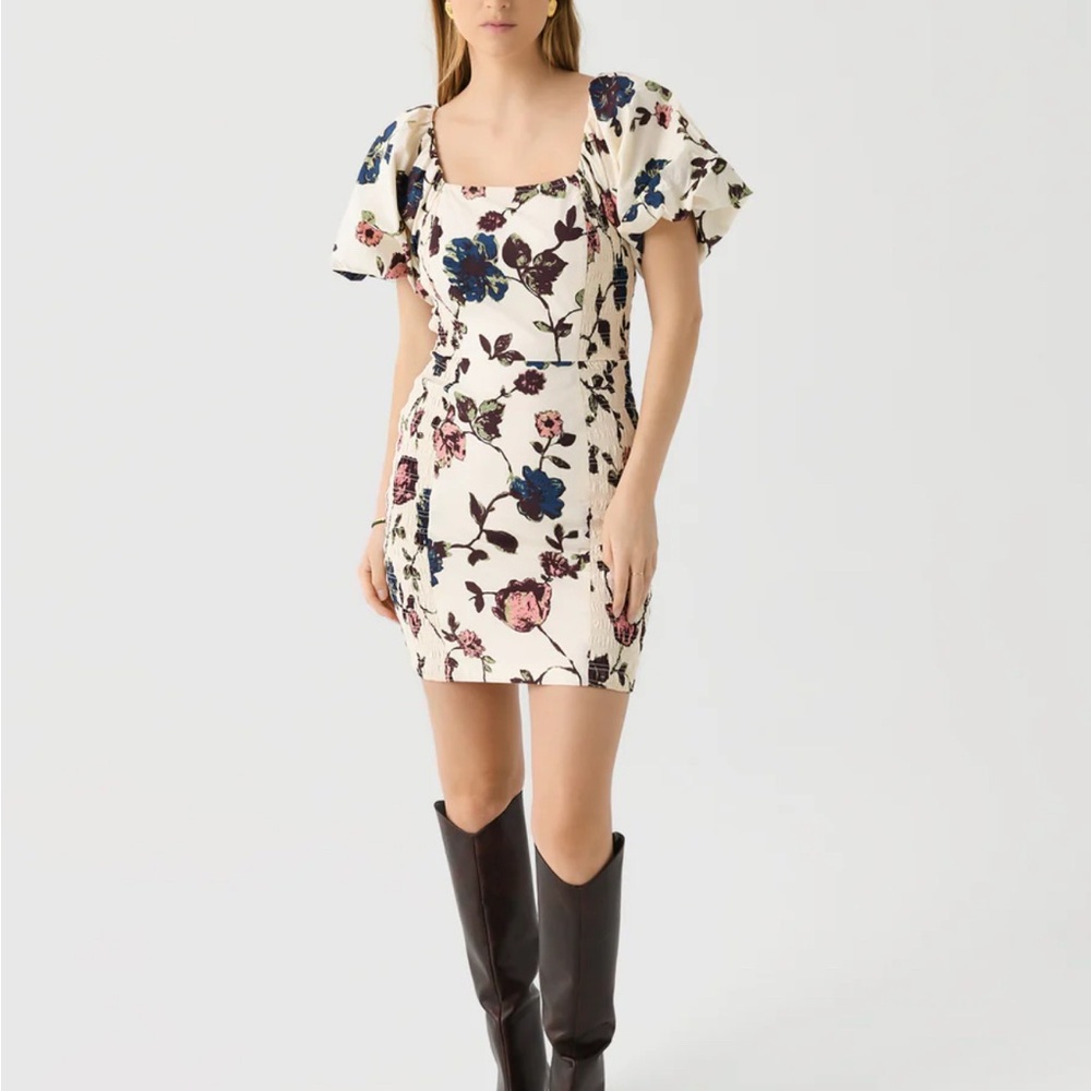 NWT Cleobella Cream Floral Mini Dress with Puff Sleeves | Sz M